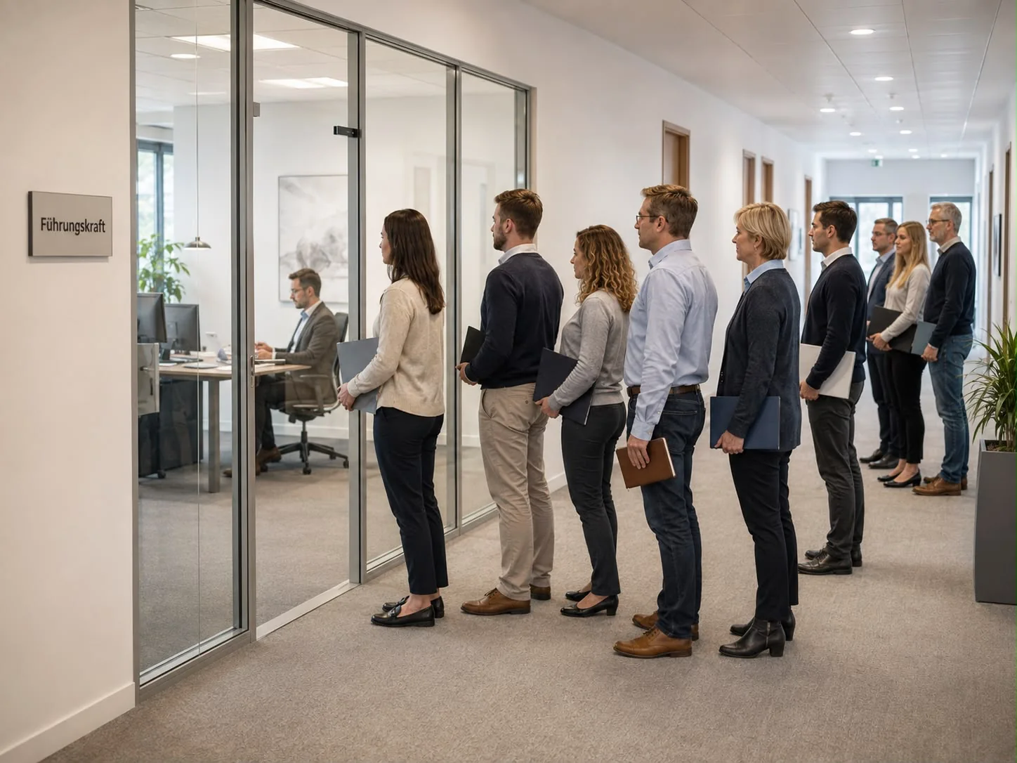 Eine Gruppe von Mitarbeitenden steht gemeinsam in einem Büroflur